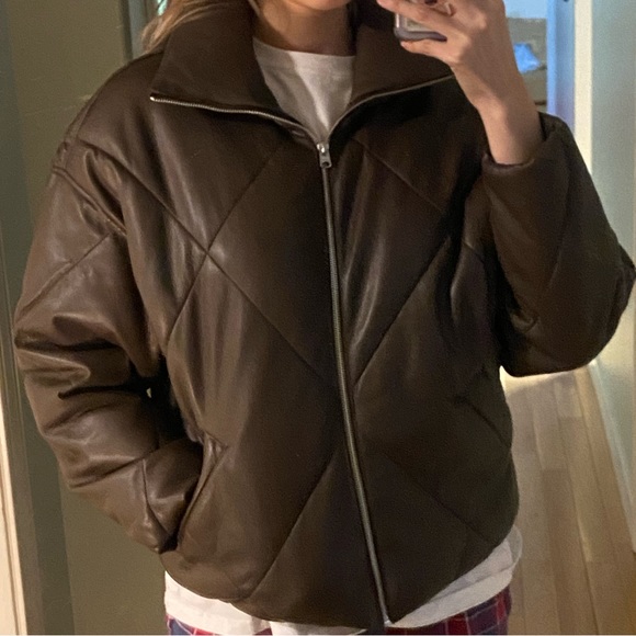 abercrombie and fitch brown quilted pleather bomber jacket cropped - Picture 3 of 4